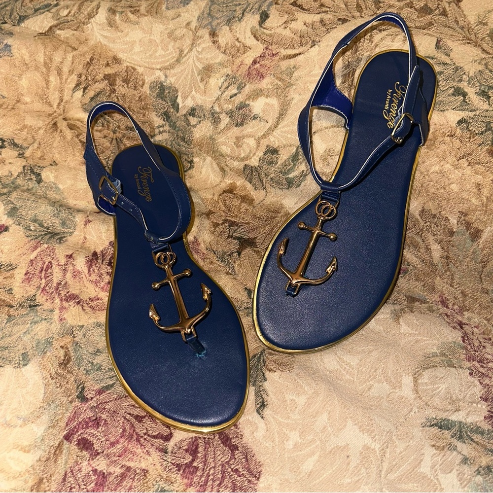 Firenze by Avanti Navy Blue & Gold Anchor Sandals size 10 NIB